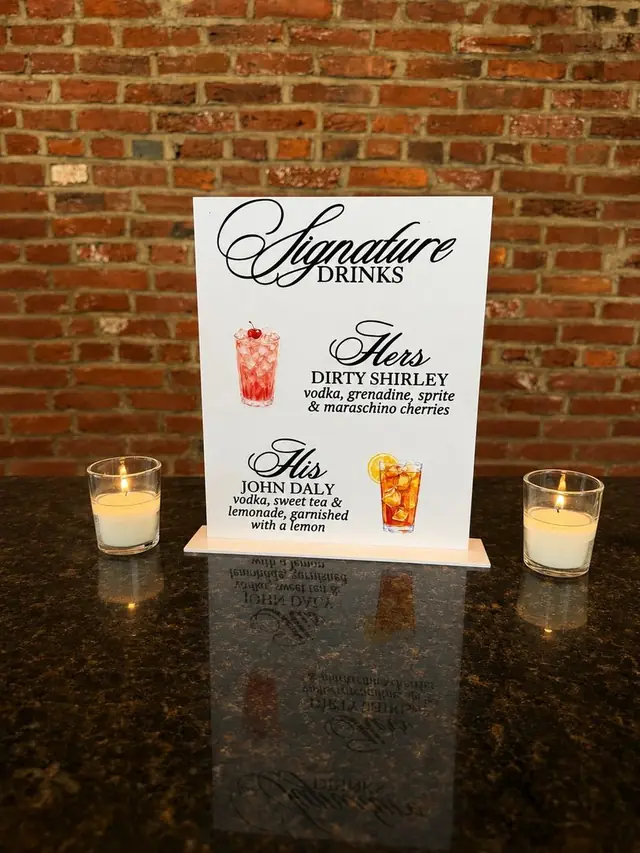 White acrylic signature drinks sign with watercolor cocktail illustrations, lit by candles against exposed brick