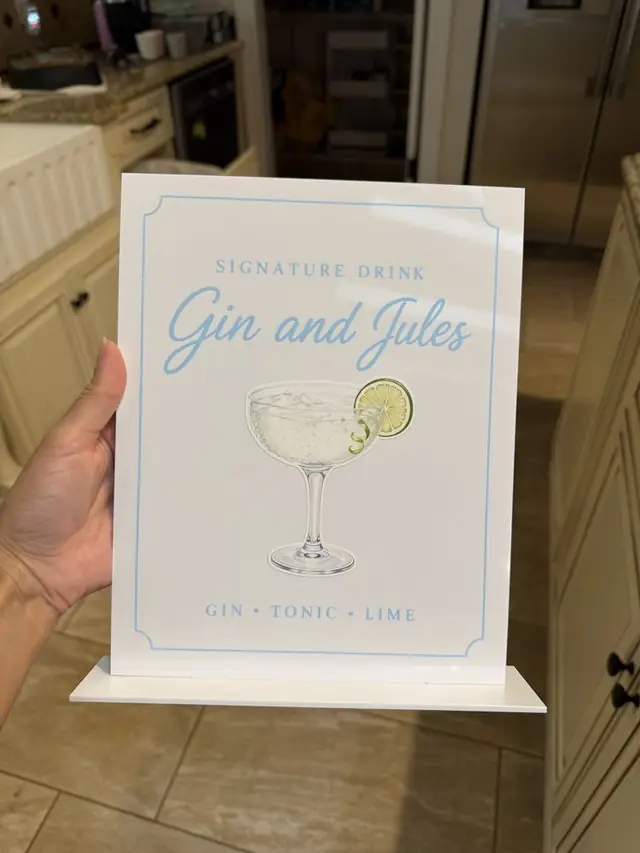 Small acrylic signature drink sign reading Gin and Jules with a watercolor cocktail illustration